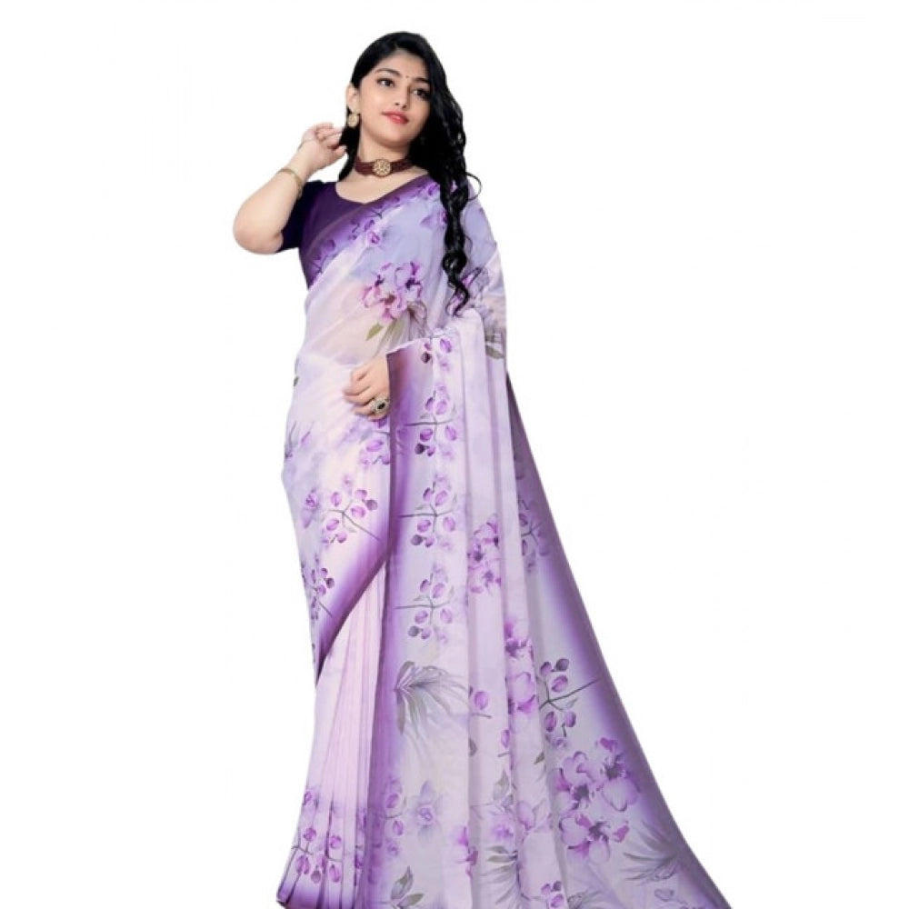 Generic Women's Georgette Floral Printed Saree With Unstitched Blouse 5.5Mtr (Purple)