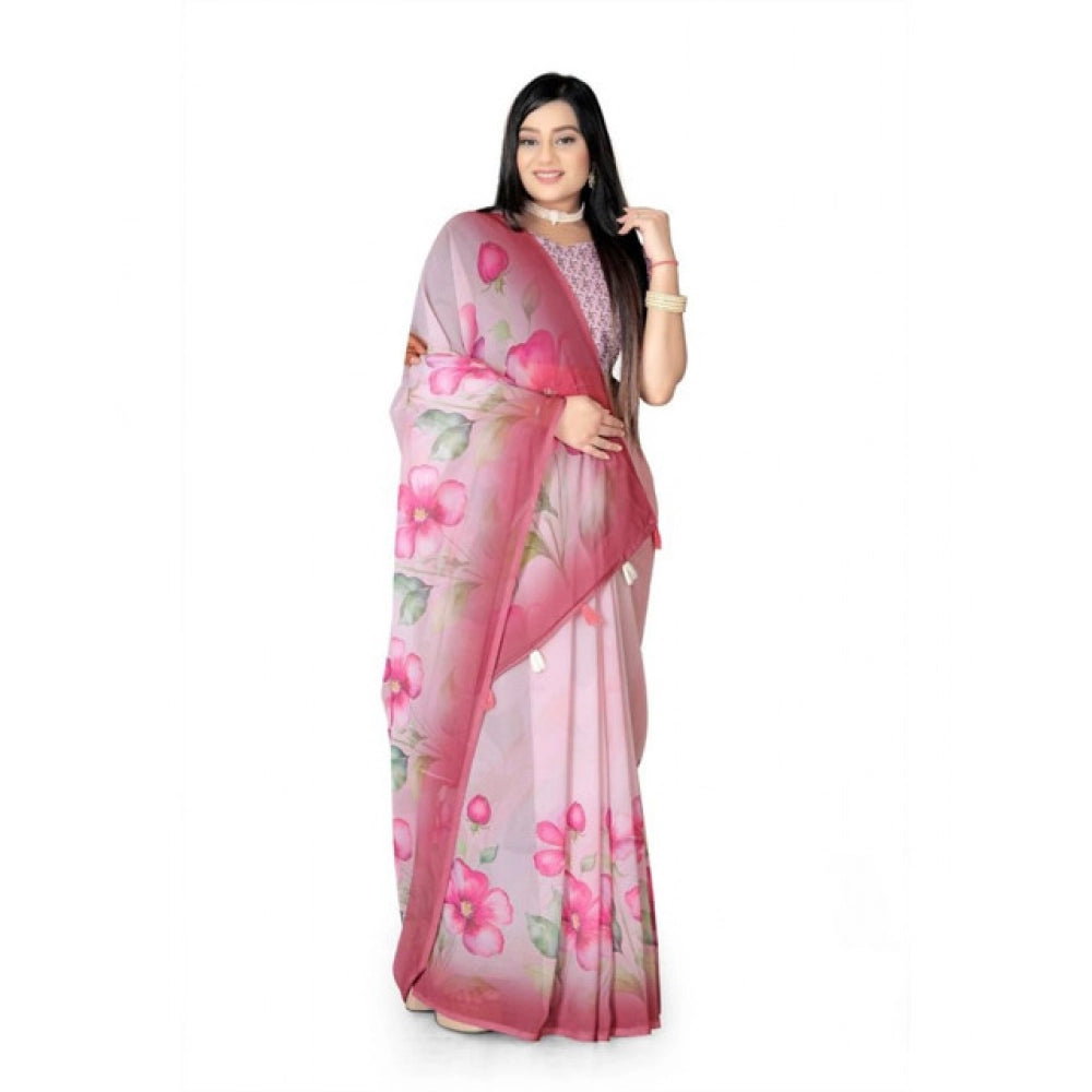 Generic Women's Georgette Floral Printed Saree With Unstitched Blouse 5.5Mtr (Rose Pink)