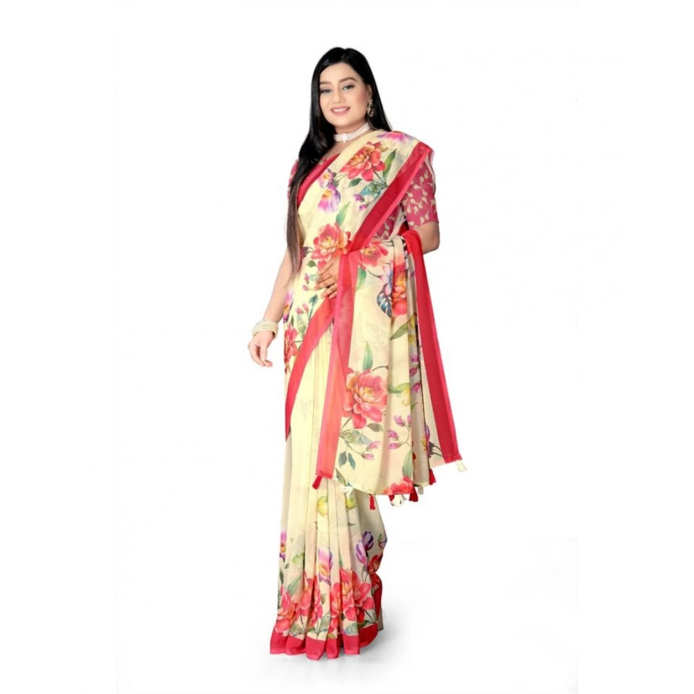 Generic Women's Georgette Floral Printed Saree With Unstitched Blouse 5.5Mtr (Yellow)