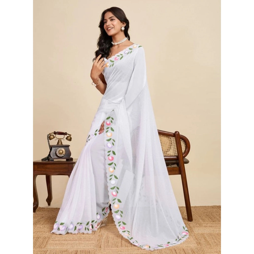 Generic Women's Georgette Printed Saree With Unstitched Blouse 5.5Mtr (White)