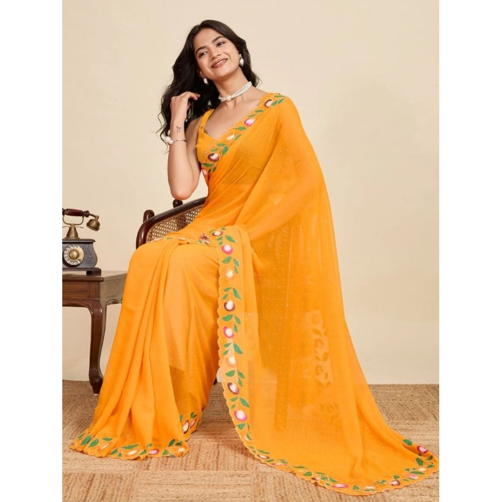 Generic Women's Georgette Printed Saree With Unstitched Blouse 5.5Mtr (Yellow)