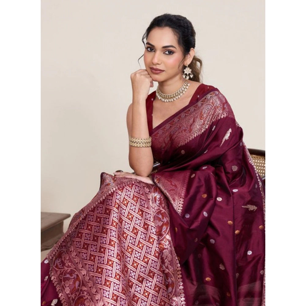 Generic Women's Jacquard Woven Saree With Unstitched Blouse 5.5Mtr (Maroon)