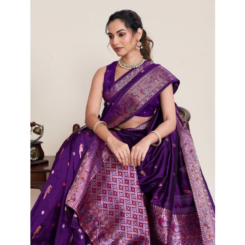 Generic Women's Jacquard Woven Saree With Unstitched Blouse 5.5Mtr (Purple)