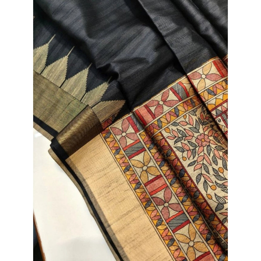 Generic Women's Tussar Silk Madhubani Saree With Unstitched Blouse 5.5Mtr (Black)