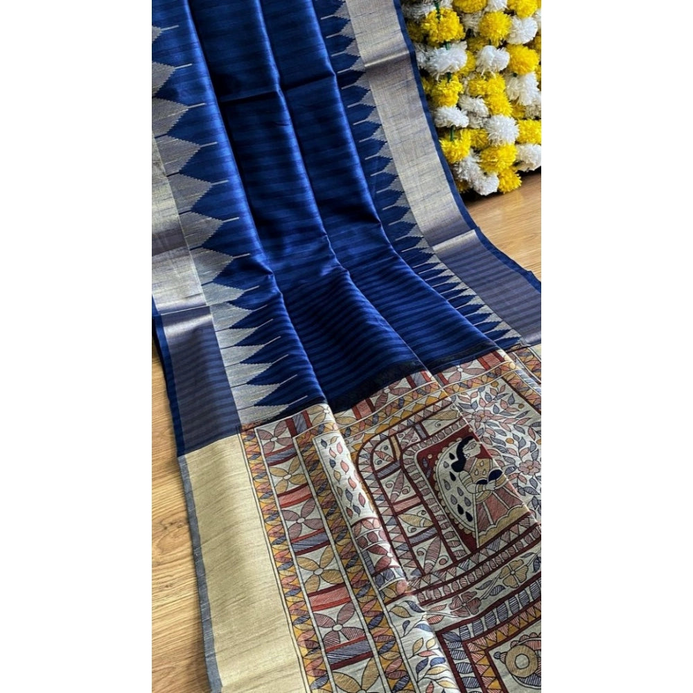 Generic Women's Tussar Silk Madhubani Saree With Unstitched Blouse 5.5Mtr (Blue)