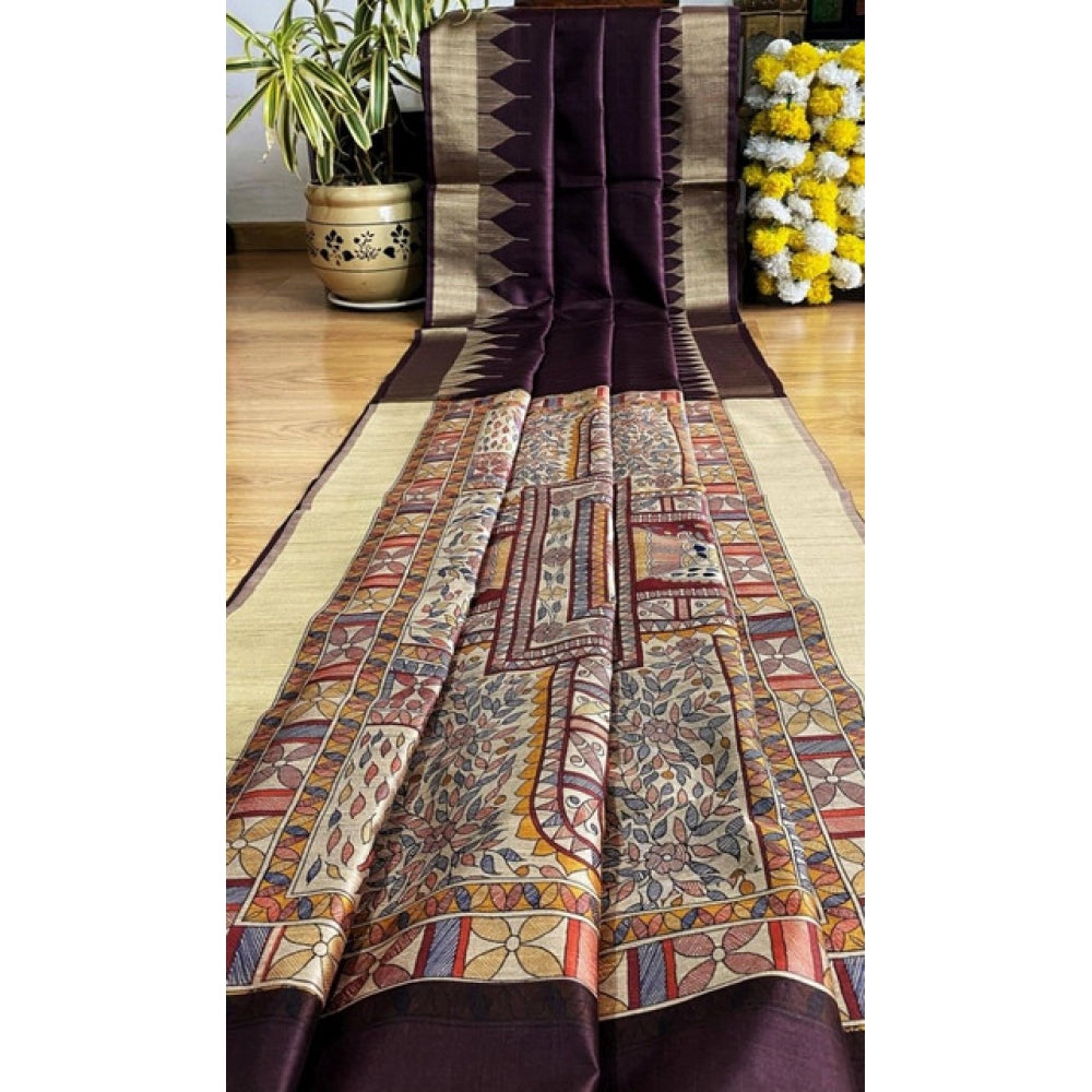Generic Women's Tussar Silk Madhubani Saree With Unstitched Blouse 5.5Mtr (Coffee)
