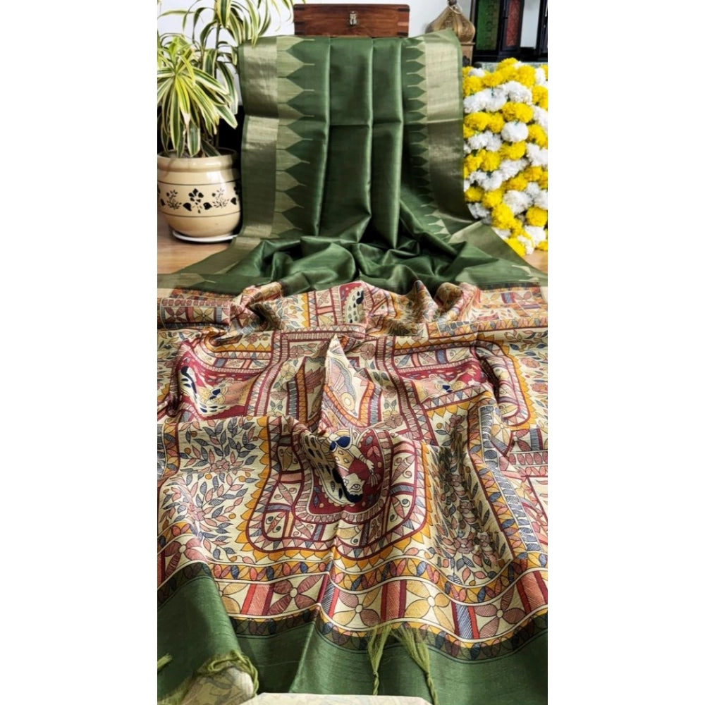 Generic Women's Tussar Silk Madhubani Saree With Unstitched Blouse 5.5Mtr (Green)