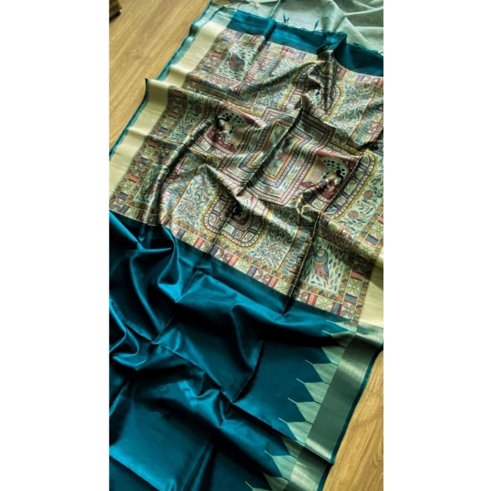 Generic Women's Tussar Silk Madhubani Saree With Unstitched Blouse 5.5Mtr (Rama)