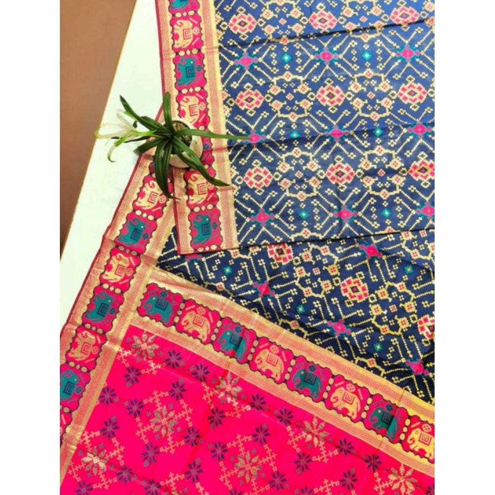 Generic Women's Patola Silk Meena And Zari Woven Saree With Unstitched Blouse 5.5Mtr (Navy)