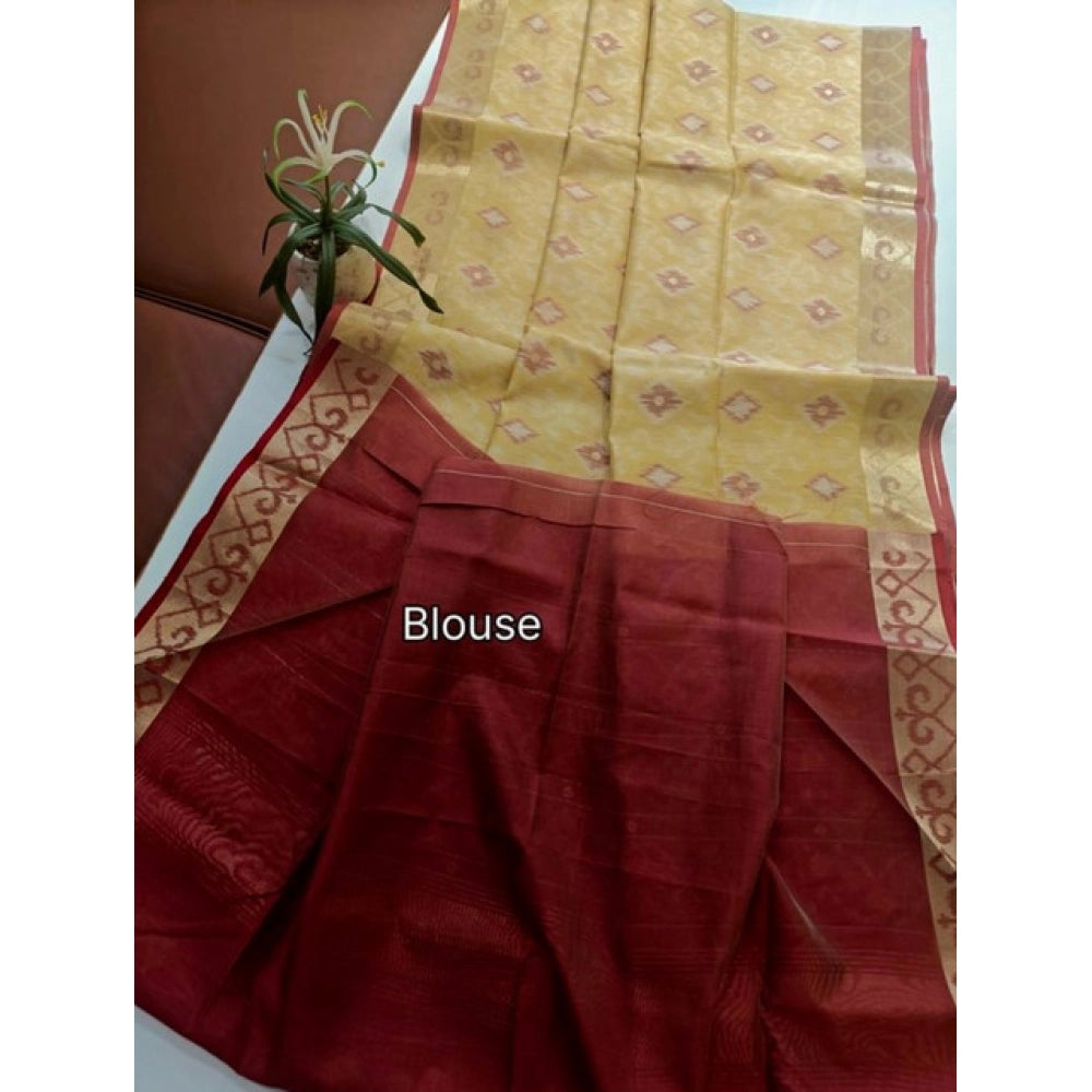 Generic Women's Raw Silk Ikkat Saree With Unstitched Blouse 5.5Mtr (Beige)