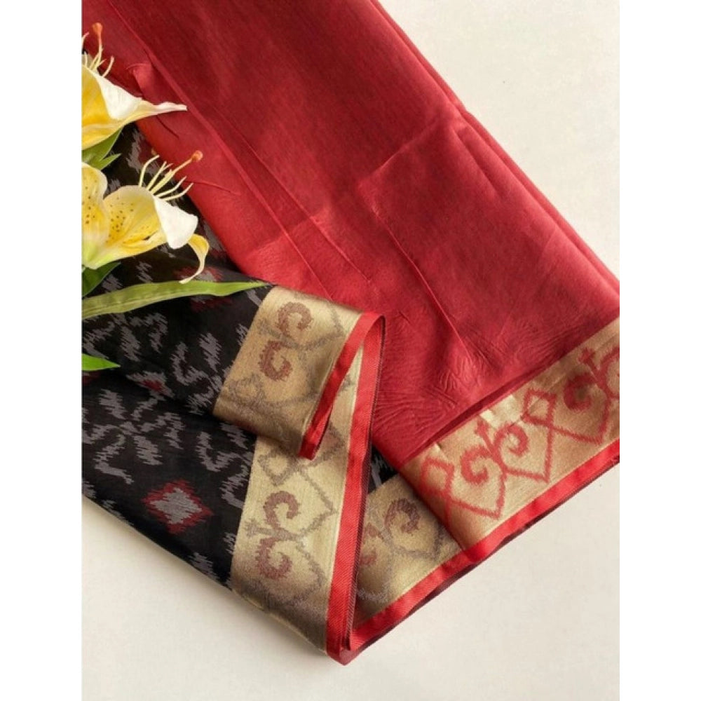 Generic Women's Raw Silk Ikkat Saree With Unstitched Blouse 5.5Mtr (Black)