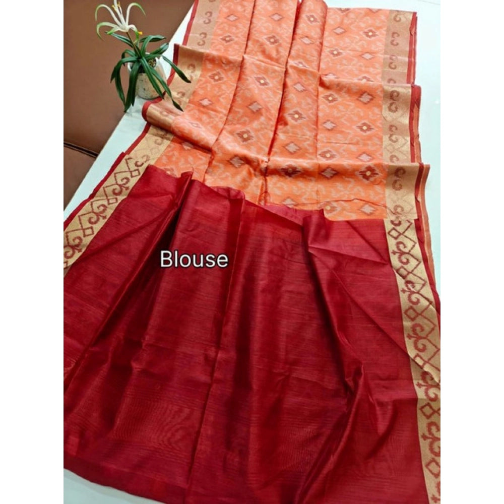 Generic Women's Raw Silk Ikkat Saree With Unstitched Blouse 5.5Mtr (Peach)