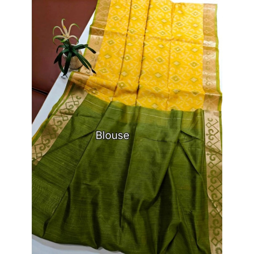 Generic Women's Raw Silk Ikkat Saree With Unstitched Blouse 5.5Mtr (Yellow)