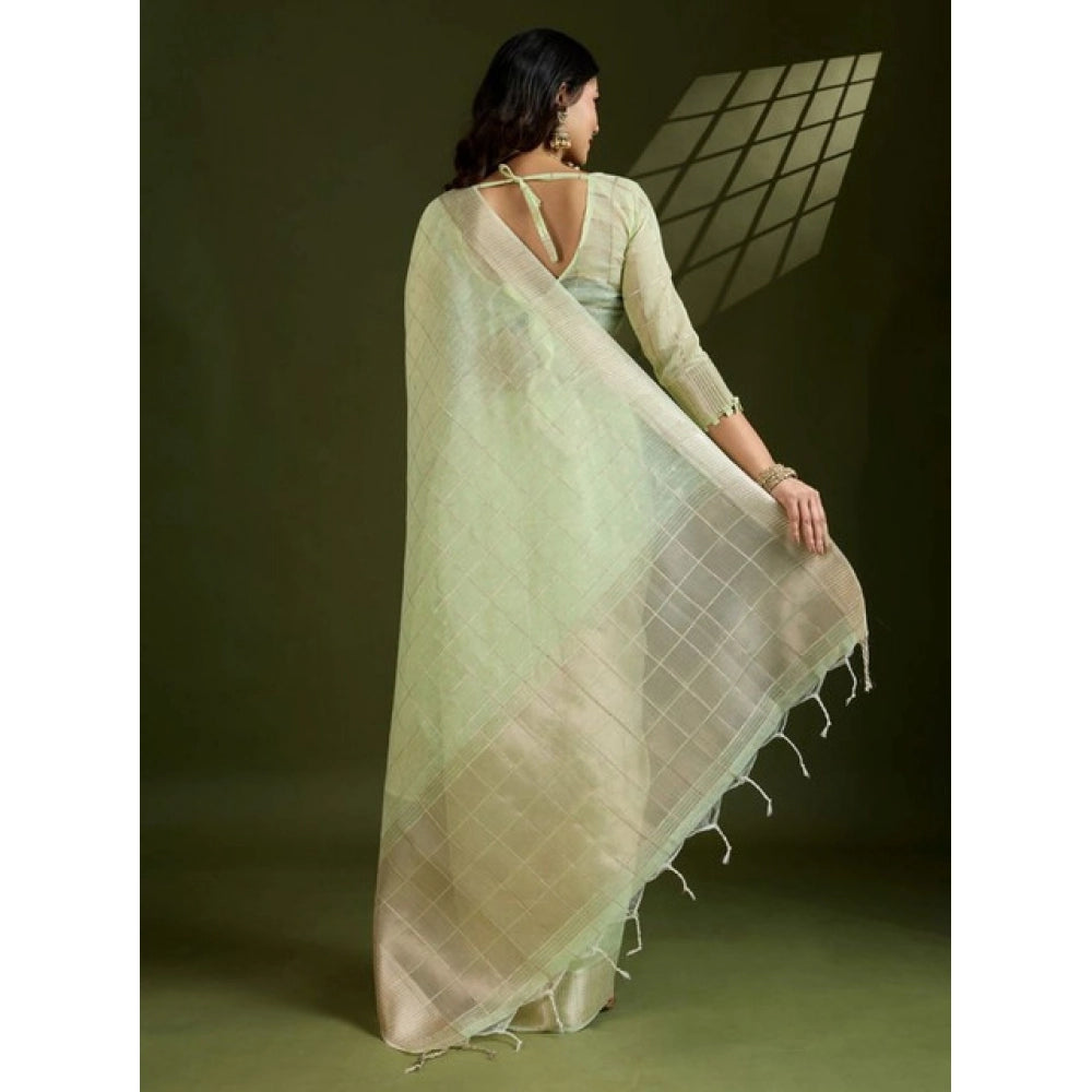 Generic Women's Tissue Checks_With_Buttis Saree With Unstitched Blouse 5.5Mtr (Light_Green)