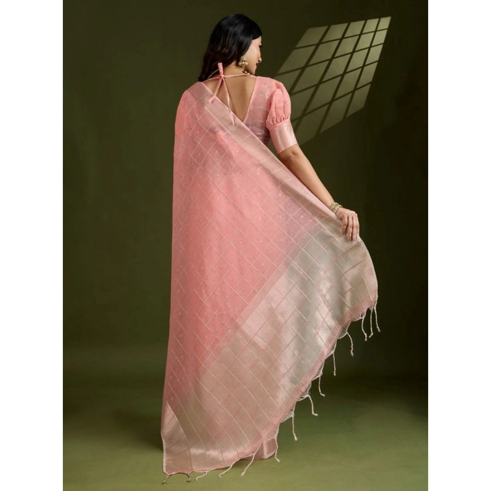 Generic Women's Tissue Checks_With_Buttis Saree With Unstitched Blouse 5.5Mtr (Peach)