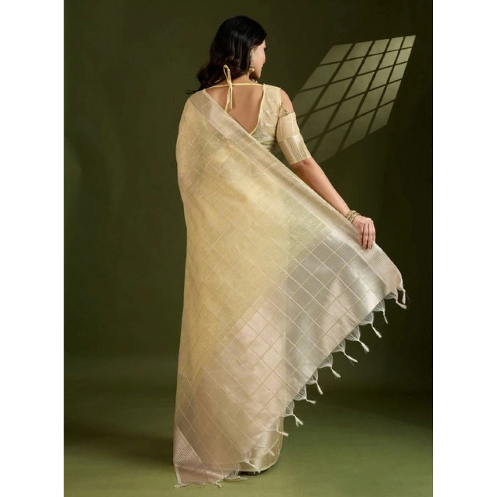 Generic Women's Tissue Checks_With_Buttis Saree With Unstitched Blouse 5.5Mtr (Yellow)