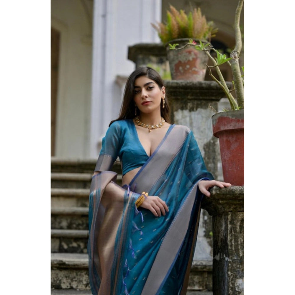 Generic Women's Silk_Blend Butti Pattern Saree With Unstitched Blouse 5.5Mtr (Teal)