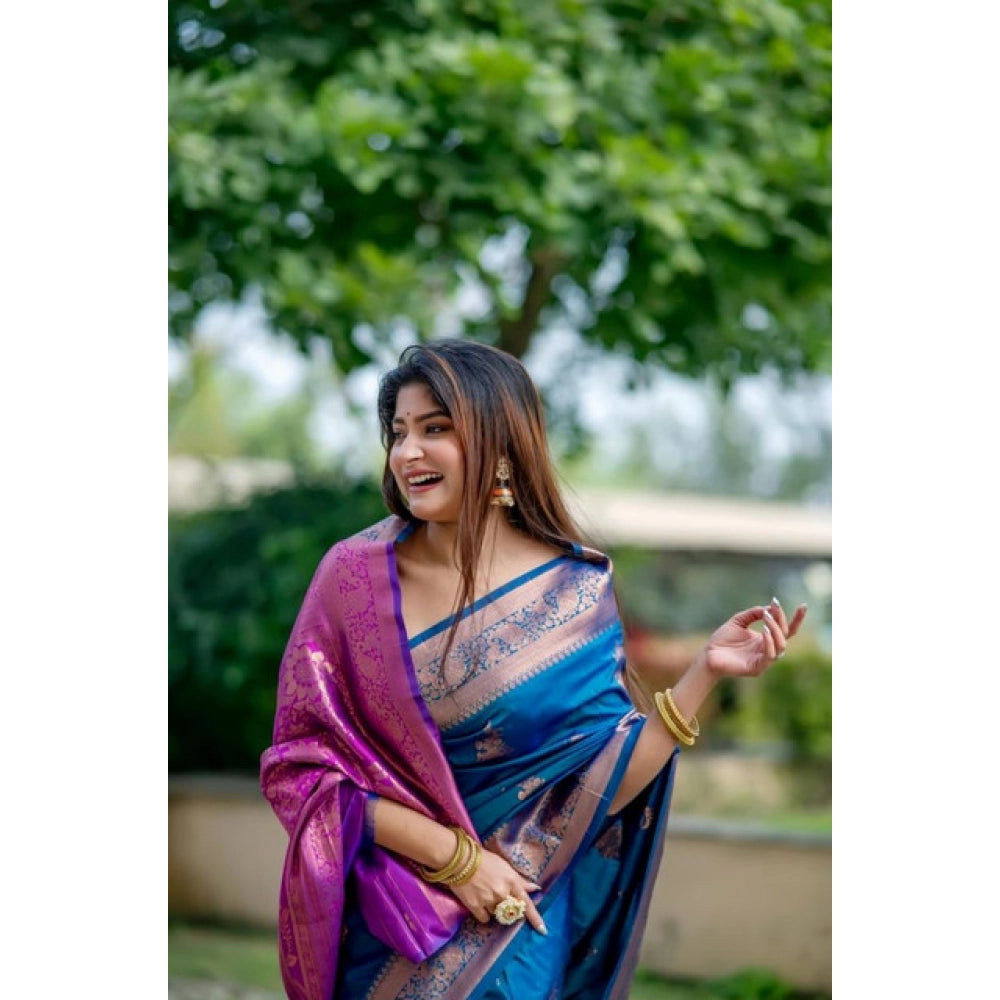 Generic Women's Katan_Silk Zari_Weaving Saree With Unstitched Blouse 5.5Mtr (Blue)