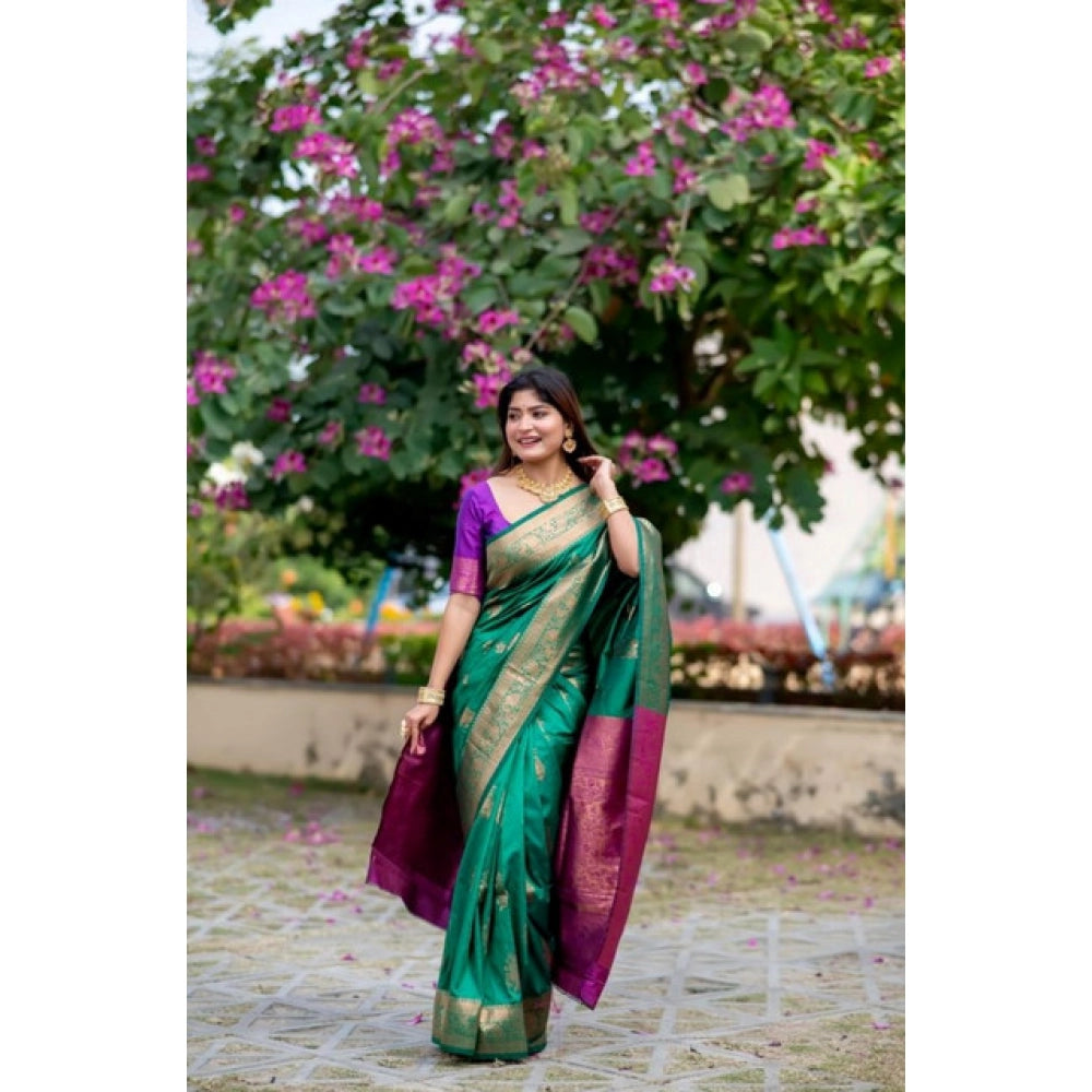 Generic Women's Katan_Silk Zari_Weaving Saree With Unstitched Blouse 5.5Mtr (Dark_Green)
