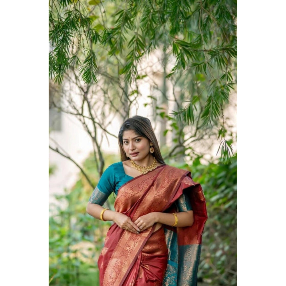 Generic Women's Katan_Silk Zari_Weaving Saree With Unstitched Blouse 5.5Mtr (Maroon)