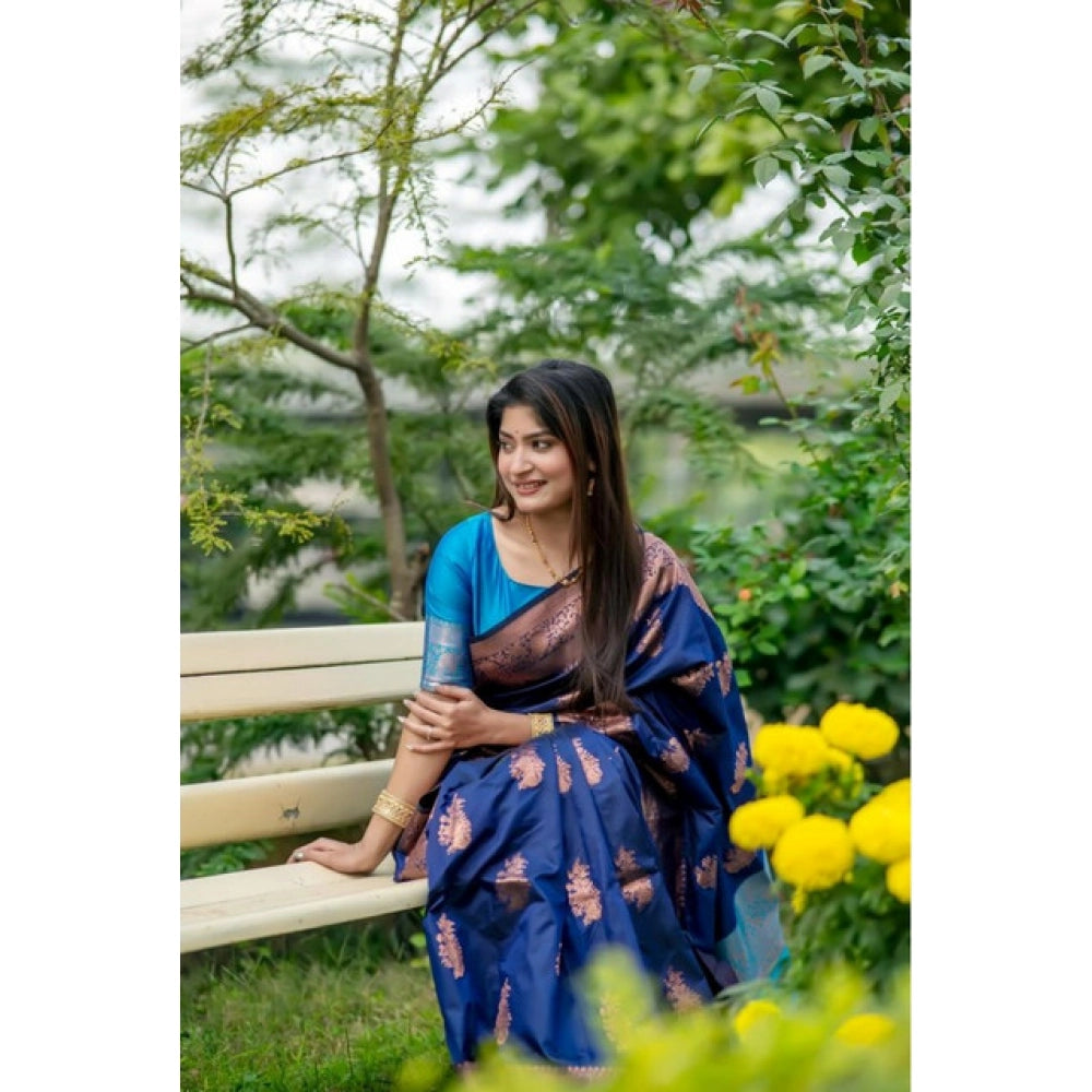 Generic Women's Katan_Silk Zari_Weaving Saree With Unstitched Blouse 5.5Mtr (Navy_Blue)