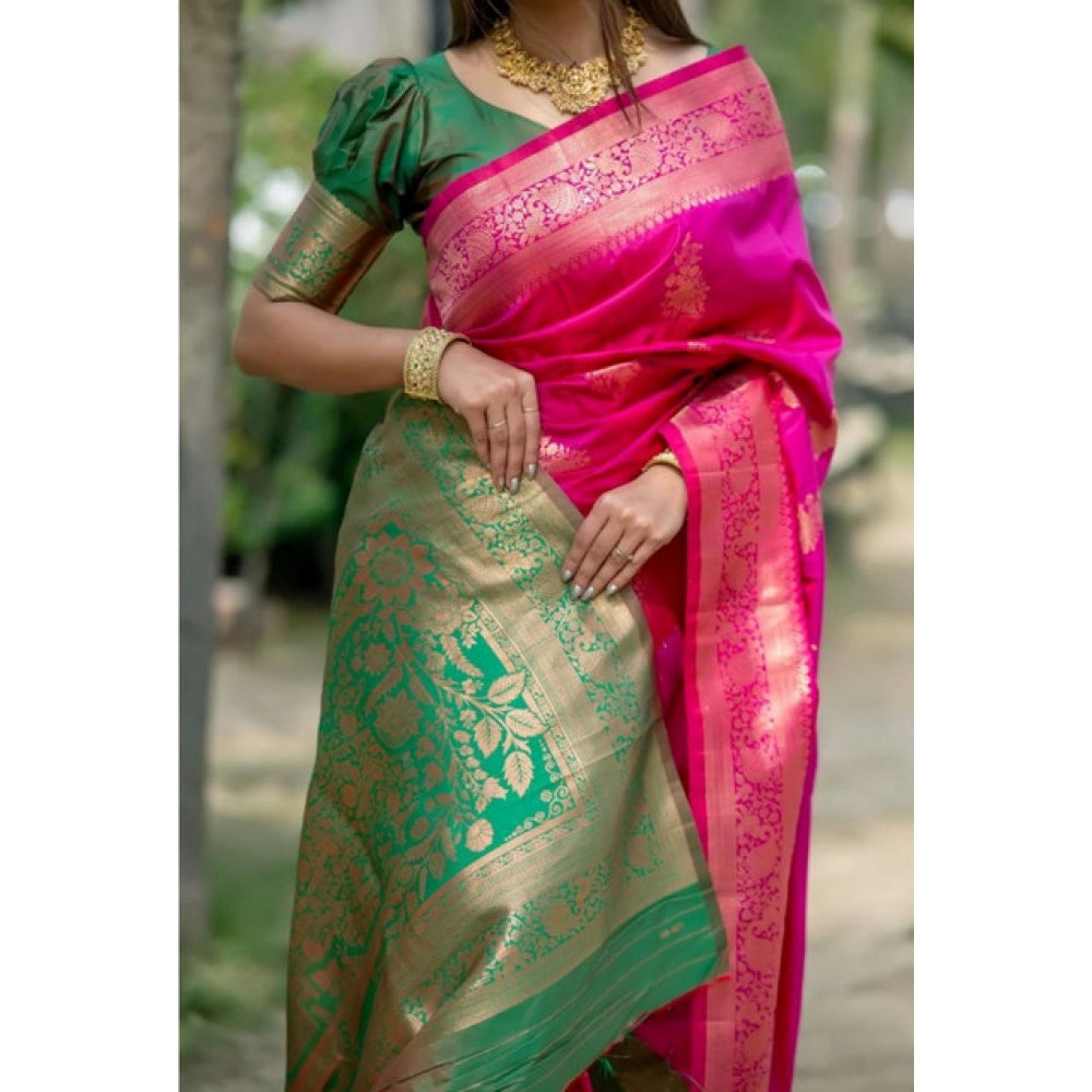 Generic Women's Katan_Silk Zari_Weaving Saree With Unstitched Blouse 5.5Mtr (Pink)