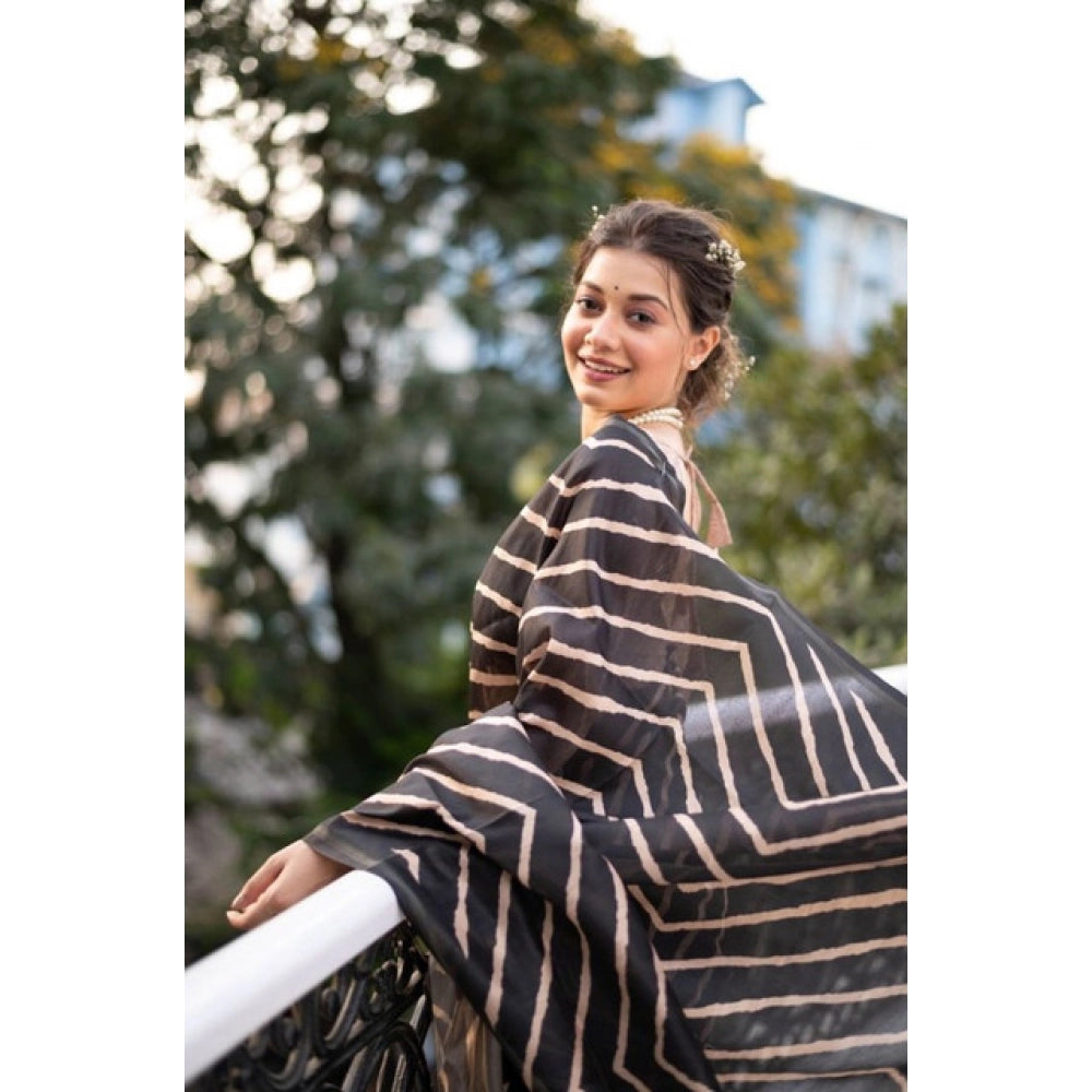 Generic Women's Faux_Tussar_Silk Geometric_Print Saree With Unstitched Blouse 5.5Mtr (Black)