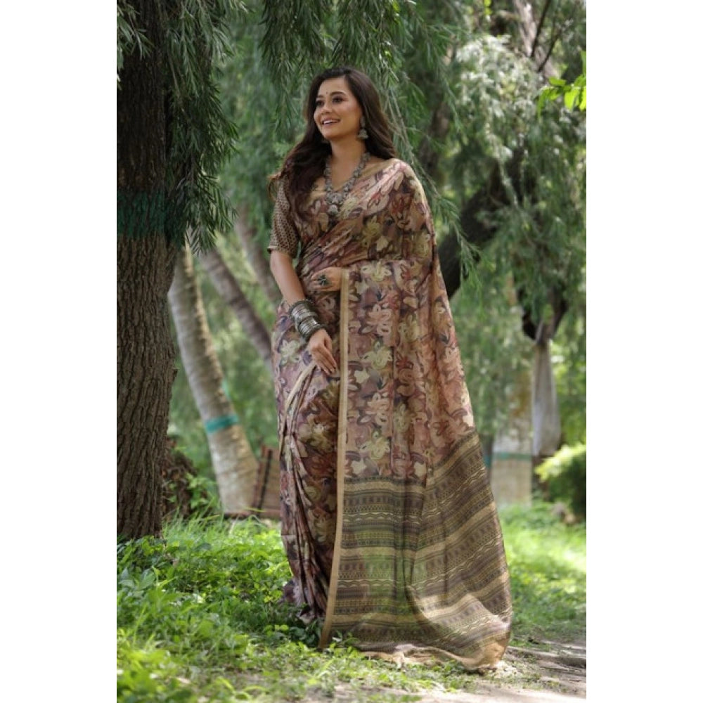 Generic Women's Faux_Tussar_Silk Abstract_Print Saree With Unstitched Blouse 5.5Mtr (Brown)