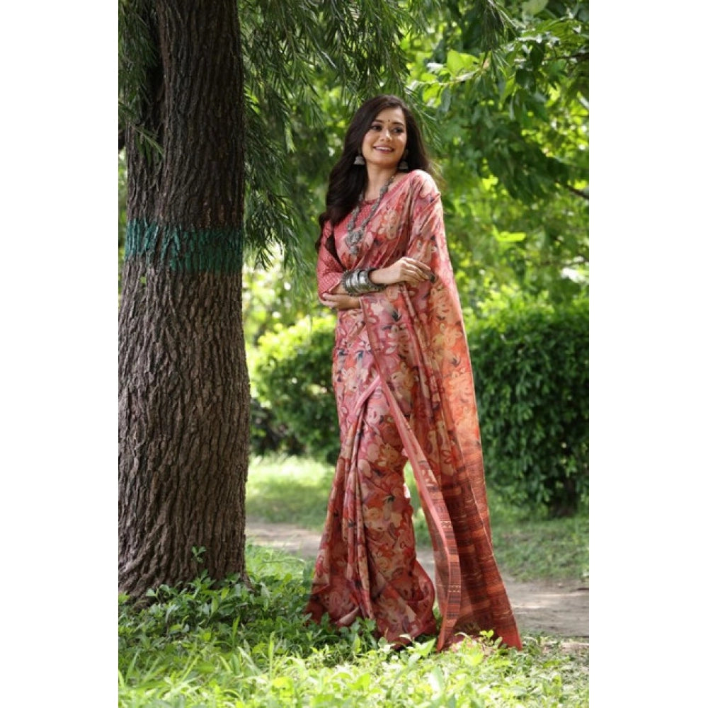 Generic Women's Faux_Tussar_Silk Abstract_Print Saree With Unstitched Blouse 5.5Mtr (Peach)
