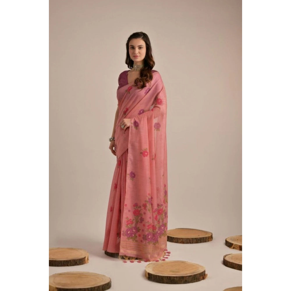 Generic Women's Blended_Cotton Floral Motifs And Woven Buttas Saree With Unstitched Blouse 5.5Mtr (Pink)