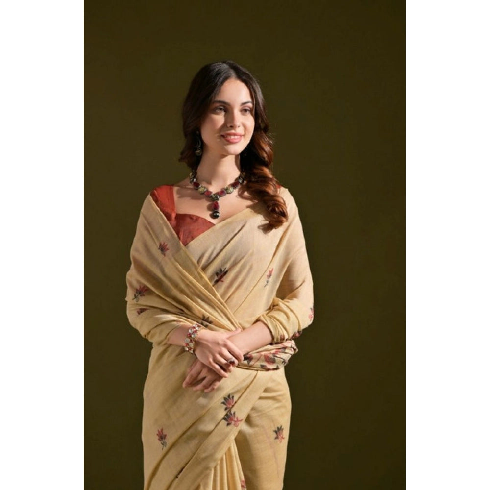 Generic Women's Blended_Cotton Floral Saree With Unstitched Blouse 5.5Mtr (Beige)