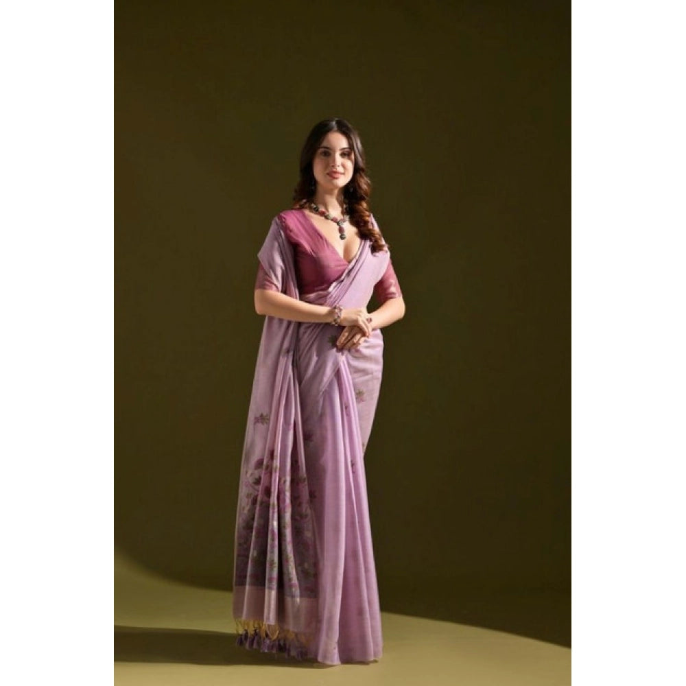 Generic Women's Blended_Cotton Floral Saree With Unstitched Blouse 5.5Mtr (Lavender)