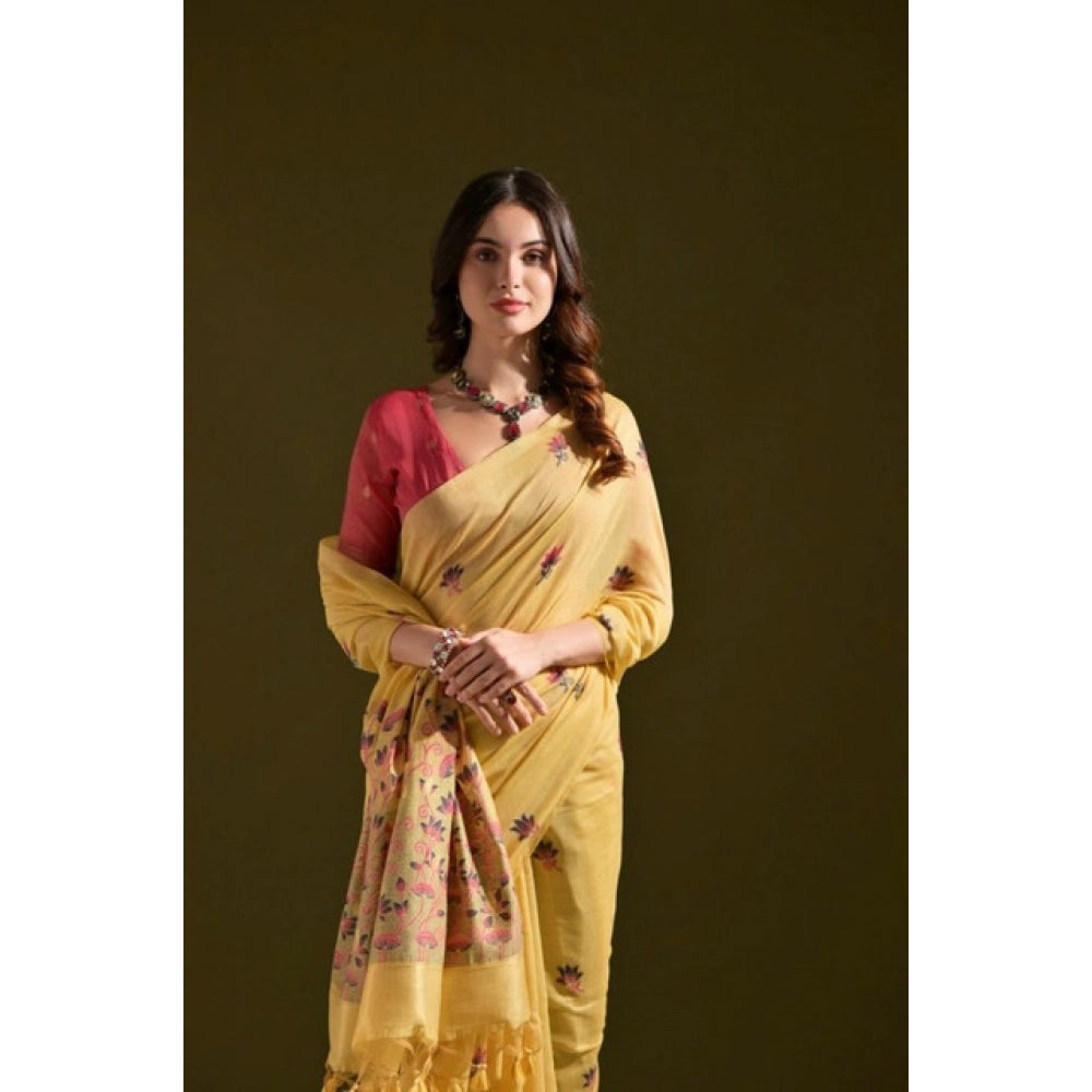 Generic Women's Blended_Cotton Floral Saree With Unstitched Blouse 5.5Mtr (Mustard)