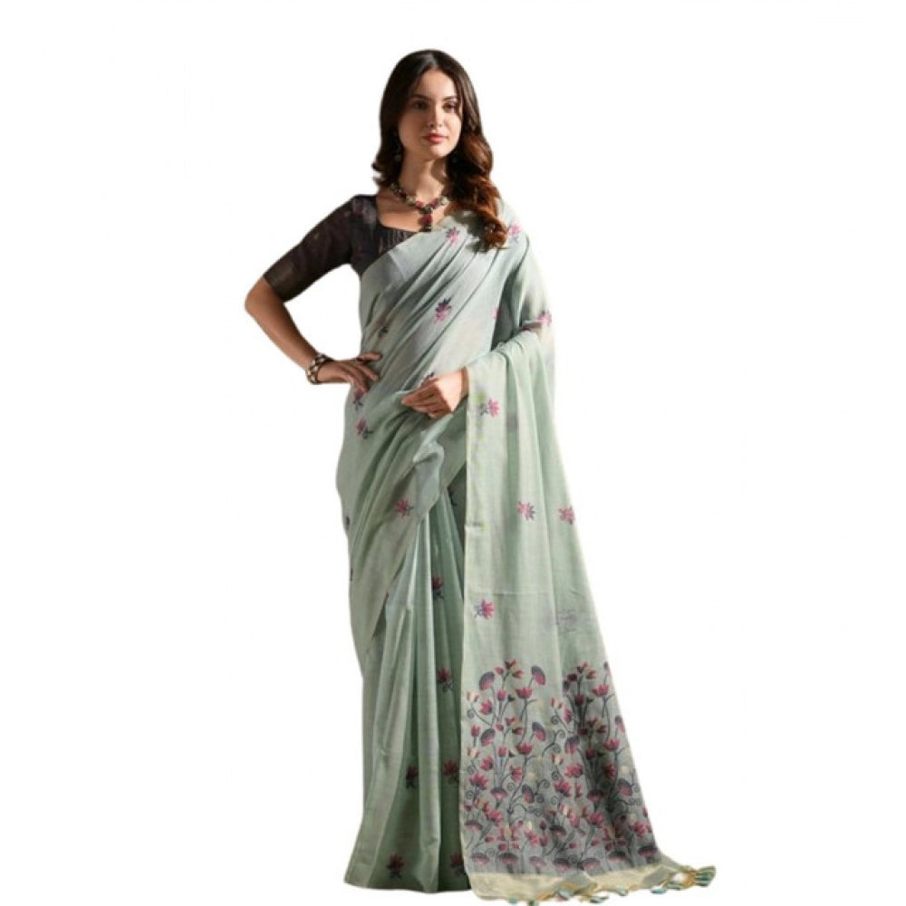 Generic Women's Blended_Cotton Floral Saree With Unstitched Blouse 5.5Mtr (Aqua_Blue)