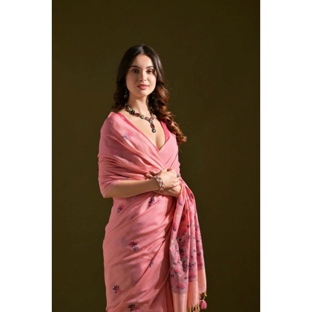 Generic Women's Blended_Cotton Floral Saree With Unstitched Blouse 5.5Mtr (Pink)