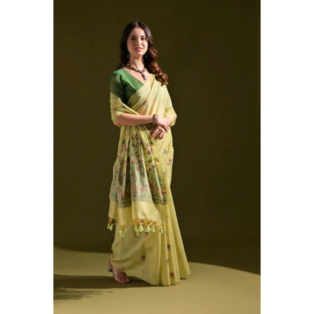 Generic Women's Blended_Cotton Floral Saree With Unstitched Blouse 5.5Mtr (Light_Green)