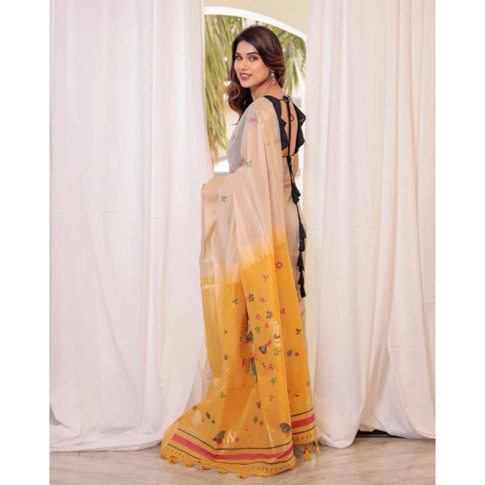 Generic Women's Blended_Cotton Woven_Motifs Saree With Unstitched Blouse 5.5Mtr (Yellow)