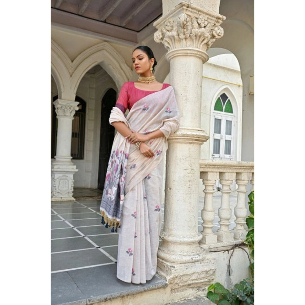 Generic Women's Blended_Cotton Floral Weaving Pattern Saree With Unstitched Blouse 5.5Mtr (Blue)