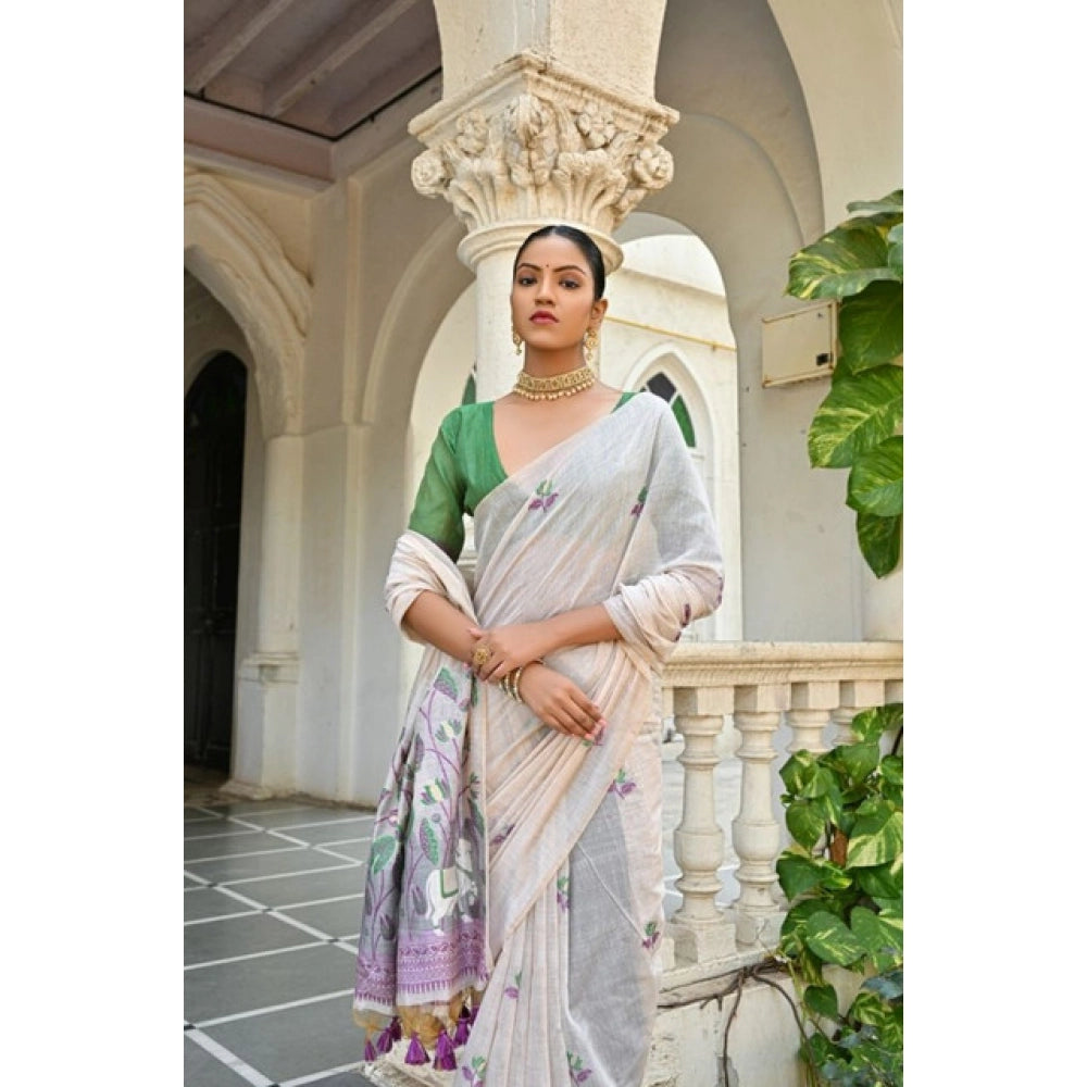 Generic Women's Blended_Cotton Floral Weaving Pattern Saree With Unstitched Blouse 5.5Mtr (Purple)