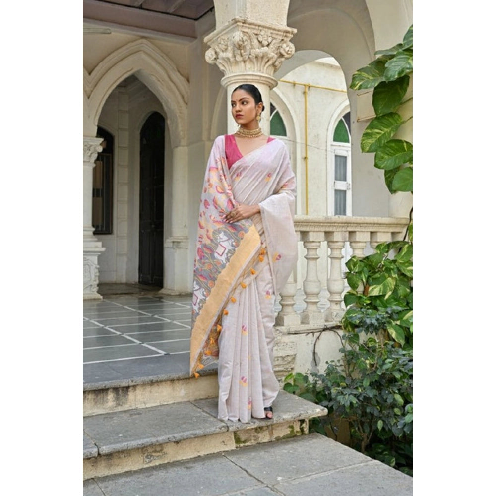 Generic Women's Blended_Cotton Floral Weaving Pattern Saree With Unstitched Blouse 5.5Mtr (Yellow)