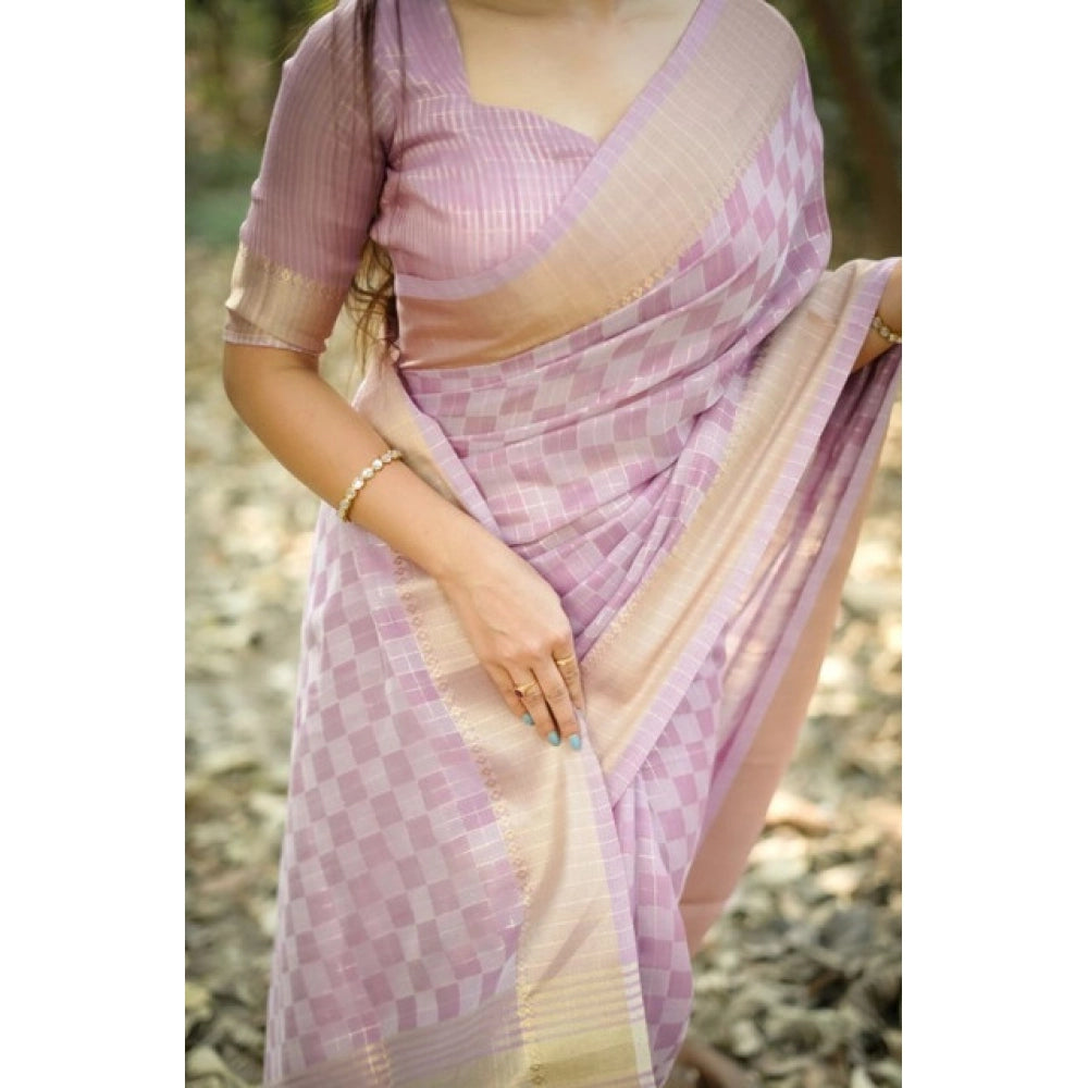 Generic Women's Silk_Blend Checked Saree With Unstitched Blouse 5.5Mtr (Lavender)