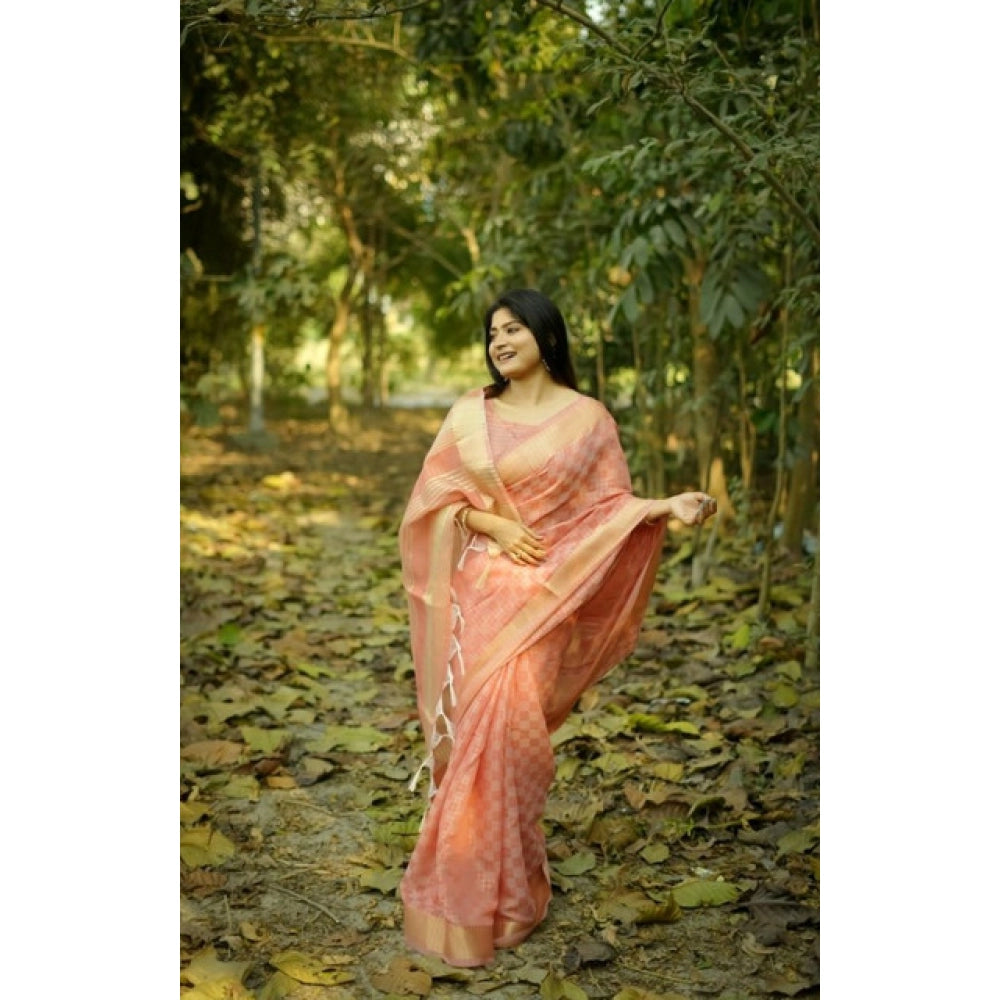 Generic Women's Silk_Blend Checked Saree With Unstitched Blouse 5.5Mtr (Peach)