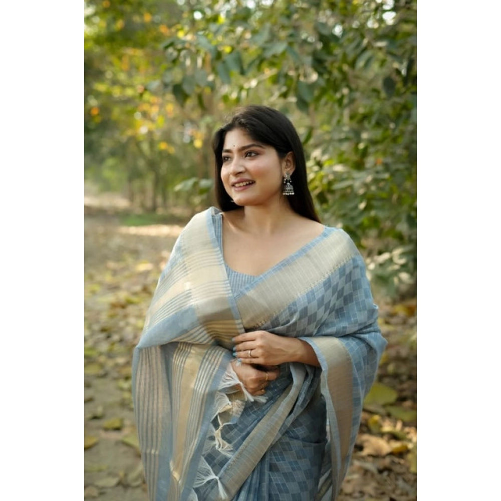 Generic Women's Silk_Blend Checked Saree With Unstitched Blouse 5.5Mtr (Sky_Blue)