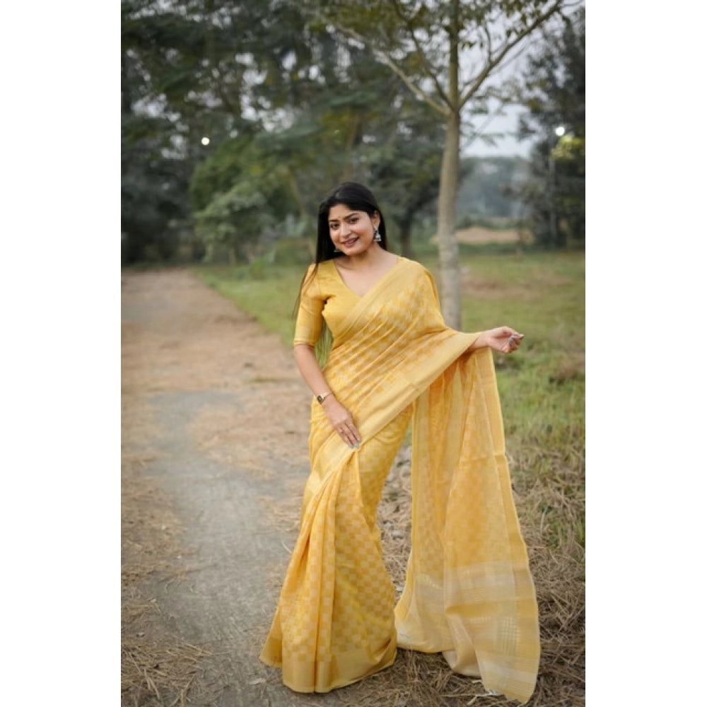 Generic Women's Silk_Blend Checked Saree With Unstitched Blouse 5.5Mtr (Yellow)