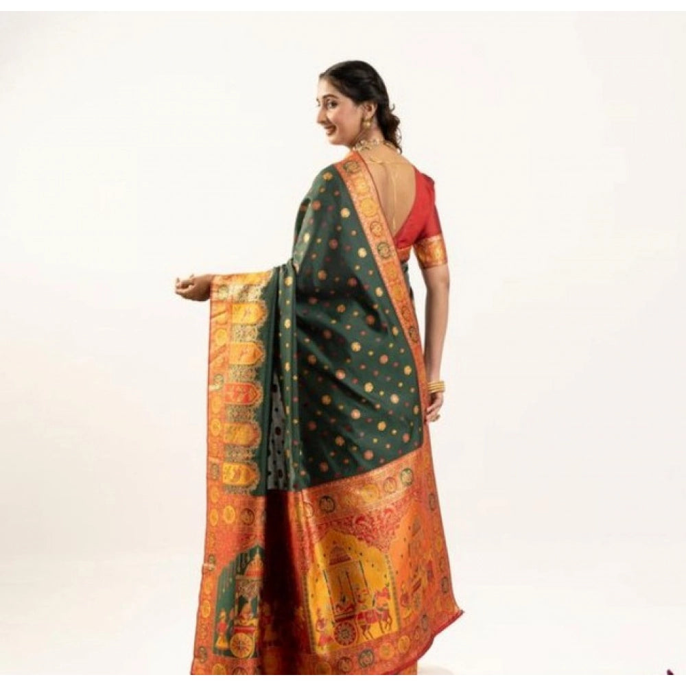 Generic Women's Faux_Banarasi Woven Motifs Saree With Unstitched Blouse 5.5Mtr (Dark_Green)