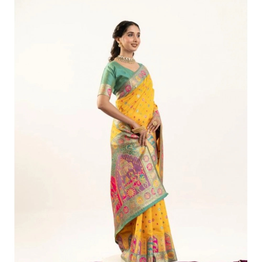 Generic Women's Faux_Banarasi Woven Motifs Saree With Unstitched Blouse 5.5Mtr (Yellow)