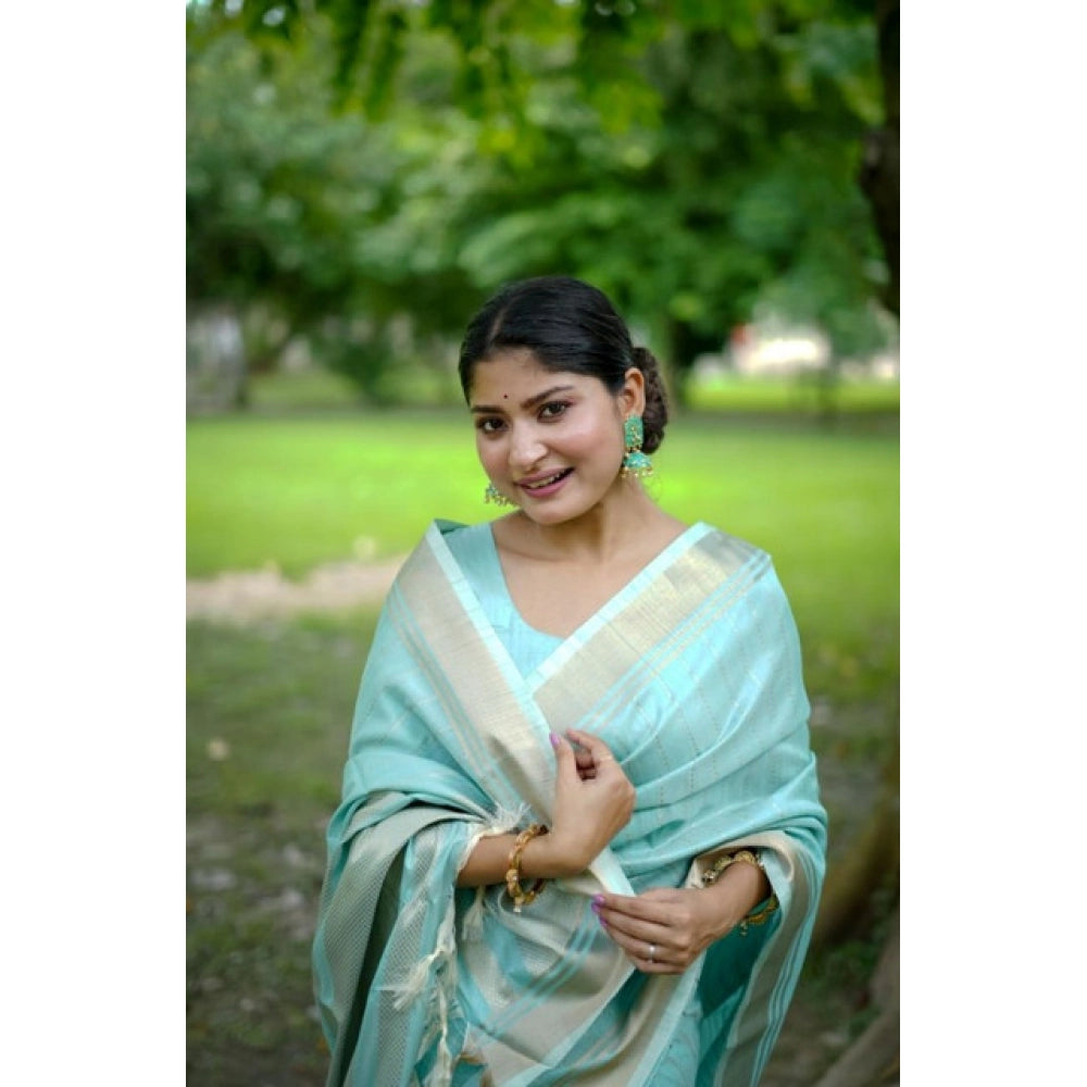 Generic Women's Faux_Banarasi Lining Pattern Saree With Unstitched Blouse 5.5Mtr (Light_Aqua_Blue)