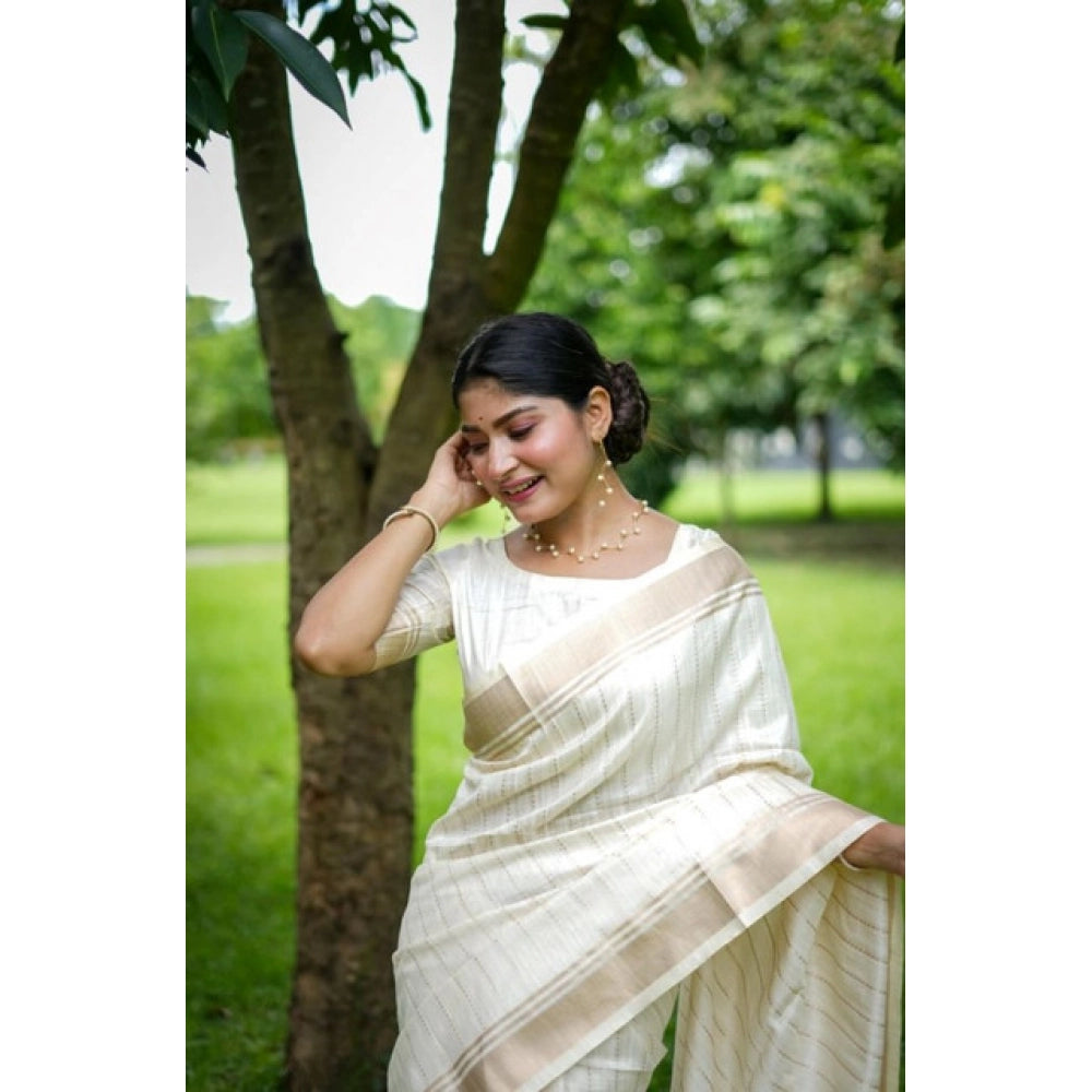 Generic Women's Faux_Banarasi Lining Pattern Saree With Unstitched Blouse 5.5Mtr (Off_White)