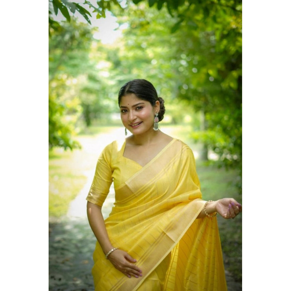 Generic Women's Faux_Banarasi Lining Pattern Saree With Unstitched Blouse 5.5Mtr (Yellow)