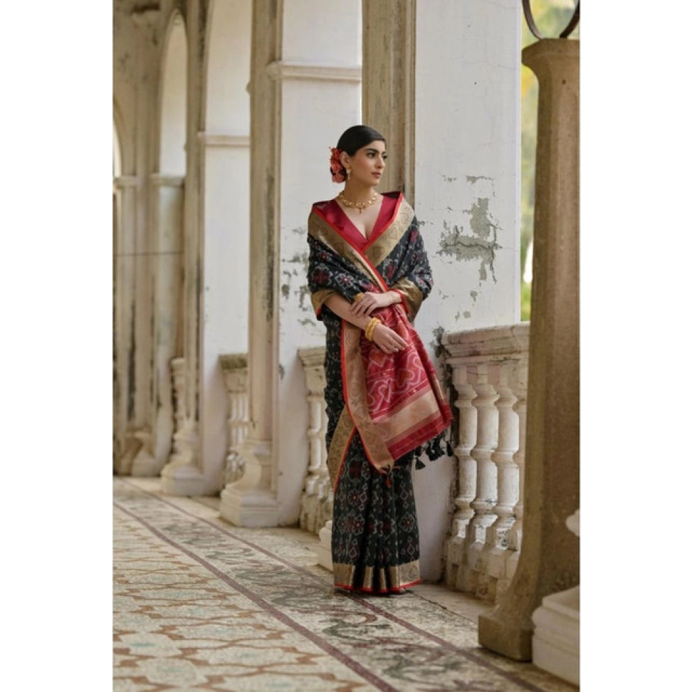 Generic Women's Silk_Blend Ethnic Ikat Pattern Saree With Unstitched Blouse 5.5Mtr (Black)